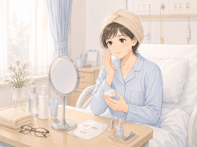 病室でスキンケアをしながら、自分をいたわる時間を過ごしている女性