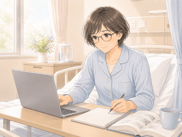 入院中、病室でノートパソコンを開いて資格の勉強に取り組む女性