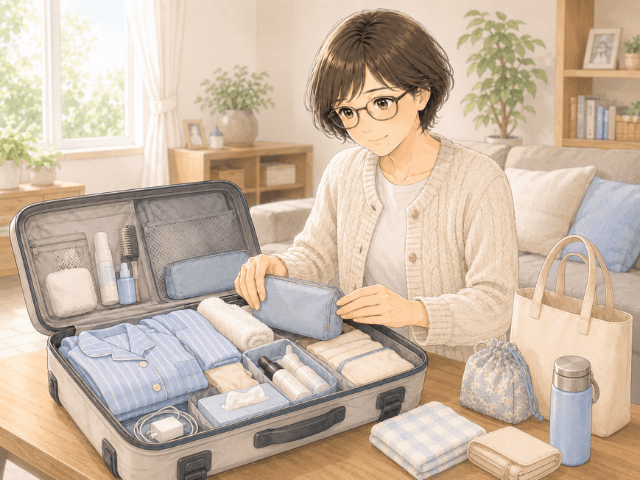 急な入院に備えて、キャリーケースに入院セットをまとめて準備している女性