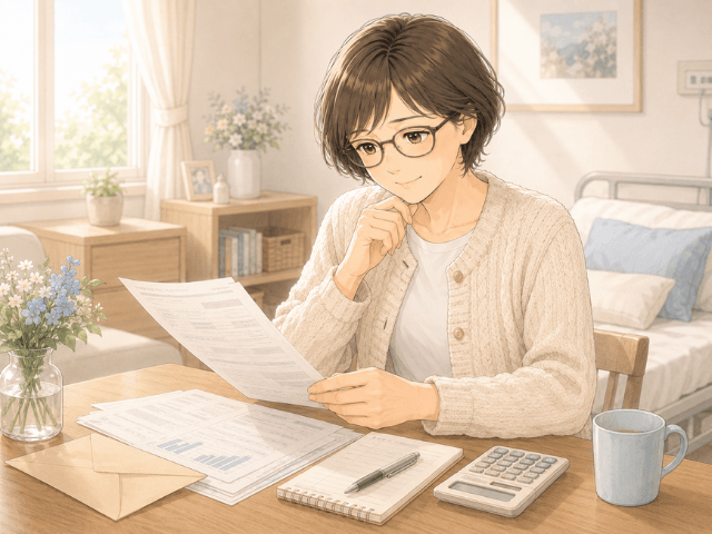 保険の書類やメモを確認しながら、費用面の不安が少し和らいだ女性