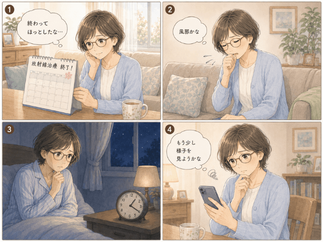 放射線治療後に咳を風邪だと思い様子を見ていた女性の4コマ漫画