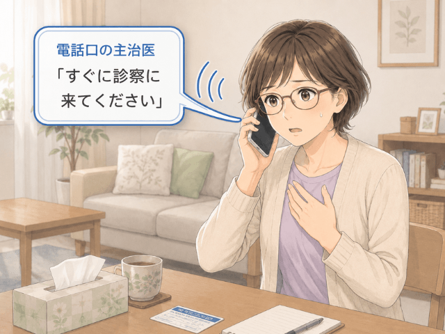 主治医からすぐ診察に来るよう電話で言われ不安になる女性のイラスト