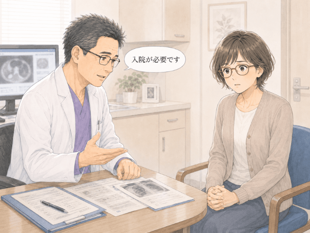 診察室で放射線肺臓炎の可能性と入院を告げられる女性のイラスト