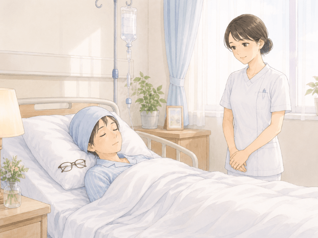 放射線肺臓炎の治療で入院し強い倦怠感の中で休む女性のイラスト