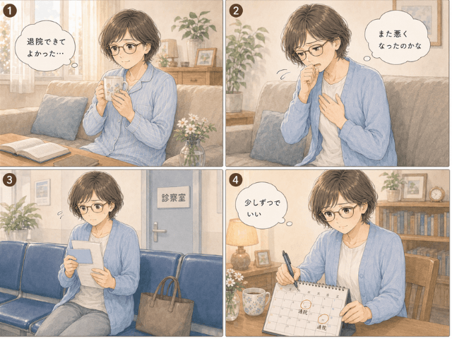 間質性肺炎の再燃と通院を繰り返しながら少しずつ前に進む女性の4コマ漫画