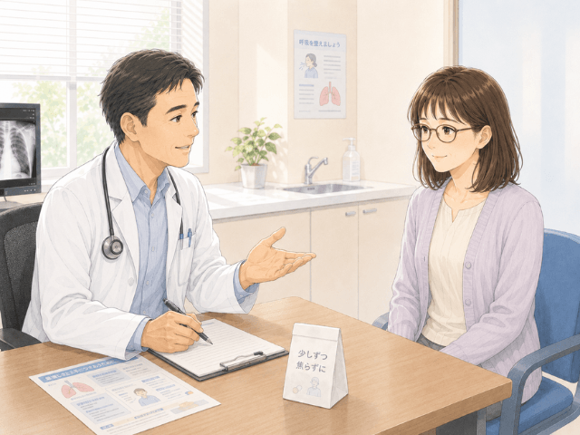 間質性肺炎の経過を見ながら医師と減薬について相談する女性のイラスト