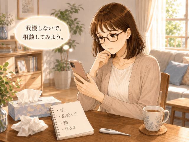 咳や息苦しさなどの症状をメモして病院へ相談しようとする女性のイラスト