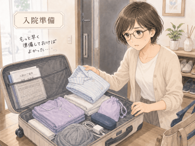突然の入院に備えてキャリーケースに荷物を詰める女性のイラスト