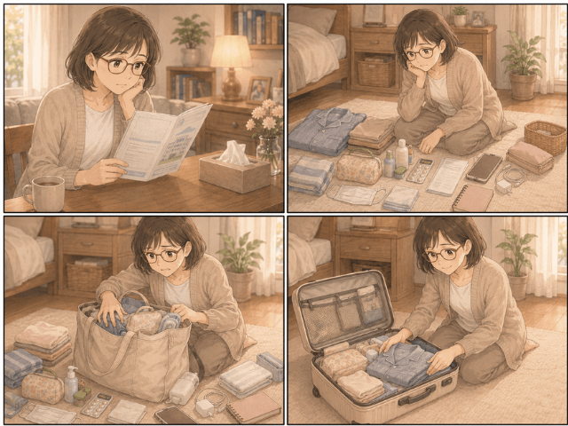 入院準備で荷物が増えて不安になり、キャリーケースで整理する女性の4コマ漫画