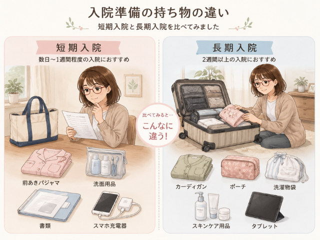 短期入院と長期入院で必要な荷物量の違いを示した図解イラスト