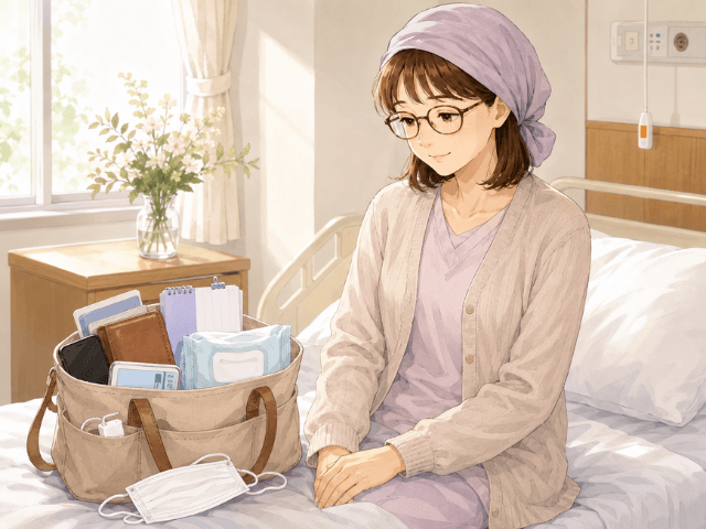 病室のベッドサイドに小さめバッグと入院中の基本の持ち物を置いた女性のイラスト