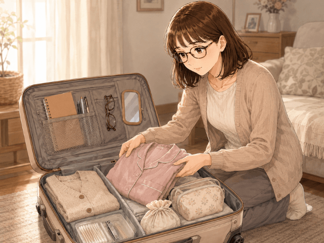 長期入院に備えて衣類や日用品をキャリーケースに整理する女性のイラスト