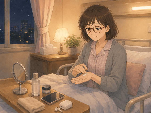 病室でハンドクリームを塗りながら自分らしさを取り戻す女性のイラスト