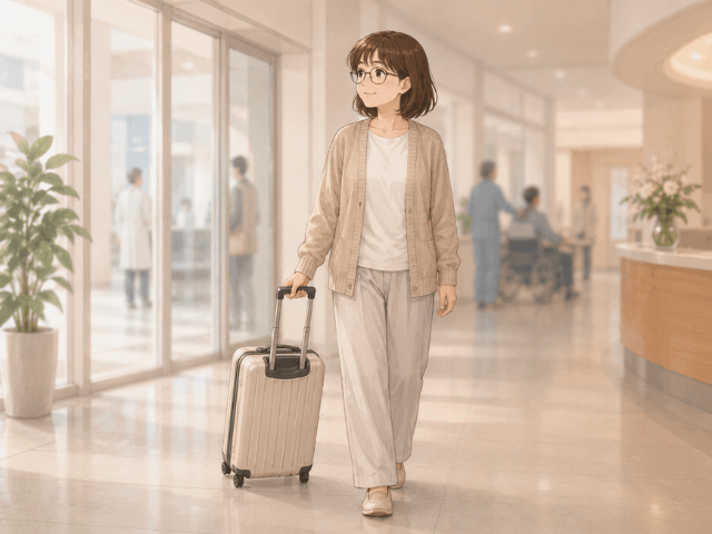 体力に不安がある時期にキャリーケースを引いて病院へ向かう女性のイラスト