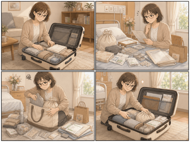 退院時に荷物が増えてもキャリーケースにまとめられる様子を描いた4コマ漫画