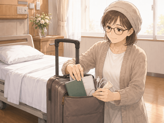 立てたままのキャリーケースのフロントポケットから書類や小物を取り出すイラスト