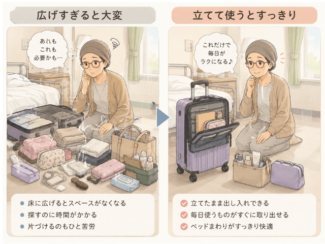 病室で荷物を広げすぎた場合とキャリーケースを立てて整理した場合を比較した図解