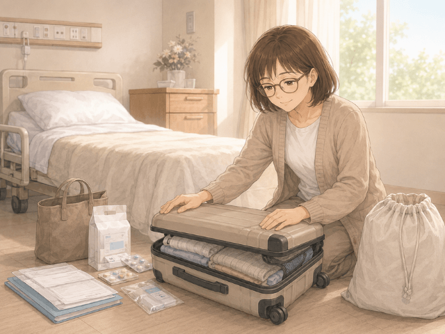 退院の日に増えた荷物をキャリーケースにまとめる女性のイラスト