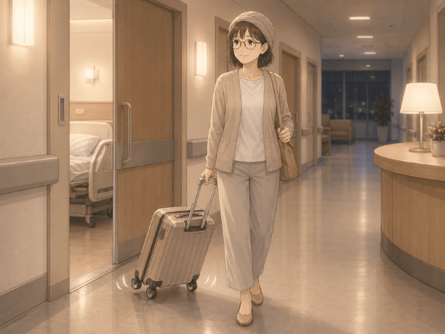 静かな病院の廊下でキャリーケースを引いて歩く女性のイラスト