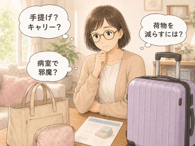 入院準備で手提げバッグやキャリーケースについて迷う女性のQ&A風イラスト