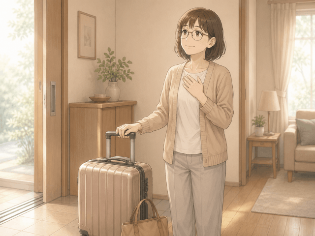入院準備を終えたキャリーケースのそばで静かに気持ちを整える女性のイラスト