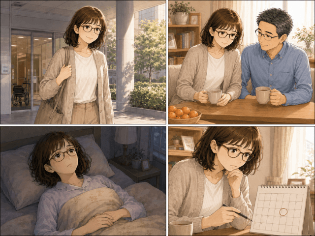 治療を終えた安堵のあと、夜になると再発への不安を感じる女性を描いた4コマ漫画