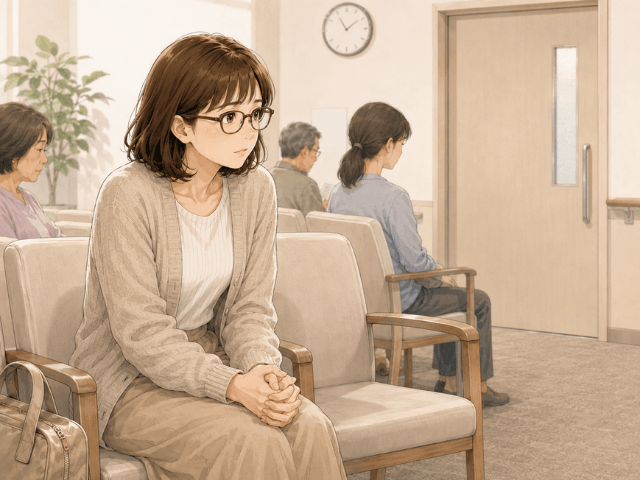 乳がん治療後の定期検査の結果を待ちながら、病院の待合室で緊張している女性