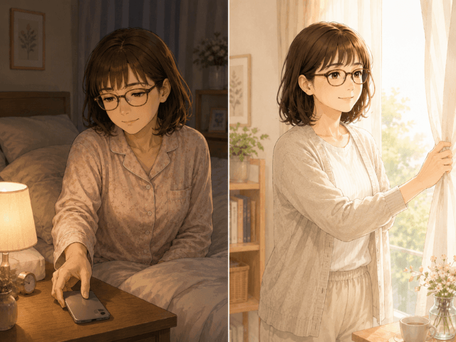 夜はスマートフォンを早めに置き、朝はカーテンを開けて光を浴びる女性
