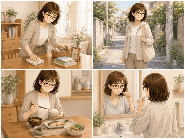 部屋の片づけや散歩、バランスのよい食事、歯磨きを無理のない範囲で続ける女性
