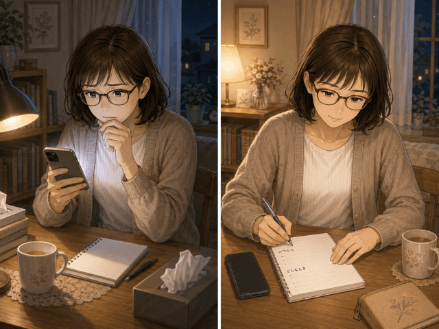 スマートフォンで検索し続けるのをやめ、体調の変化をノートに記録する女性