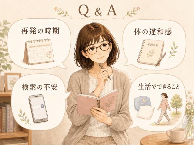 再発の時期や体の違和感、検索の不安、生活についての疑問を整理したQ&Aイラスト