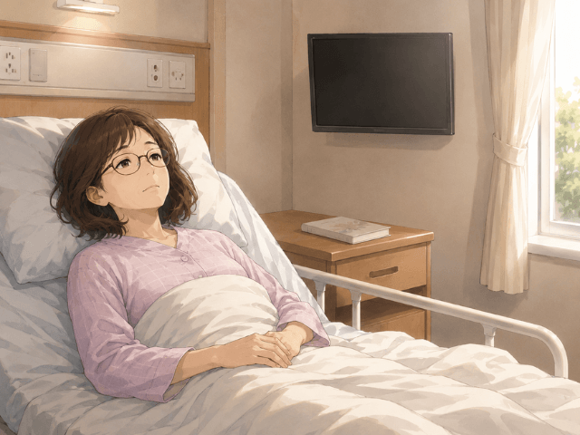 昼間の病室で、ベッドに横になりながら天井を見つめる女性。壁のテレビは消えており、ベッド脇のテーブルには閉じた本が置かれている。