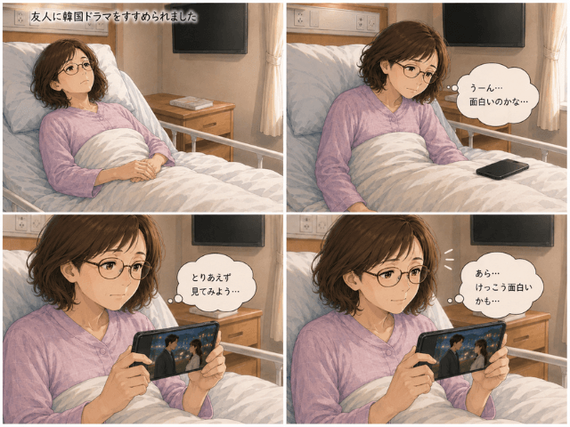 病室のベッドで過ごす女性が、友人に勧められた韓国ドラマを見始める4コマ漫画。最初はぼんやり過ごしていたが、スマートフォンを手に取り、少しずつ物語に引き込まれていく様子が描かれている。