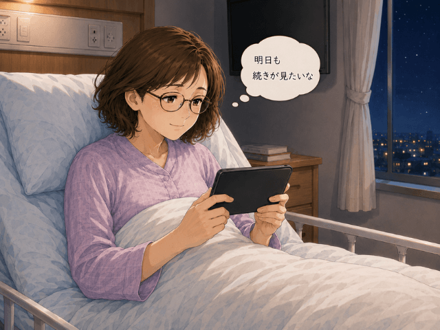 夜の病室でタブレットを見ながら、「明日も続きが見たいな」と思う50代女性のイラスト。