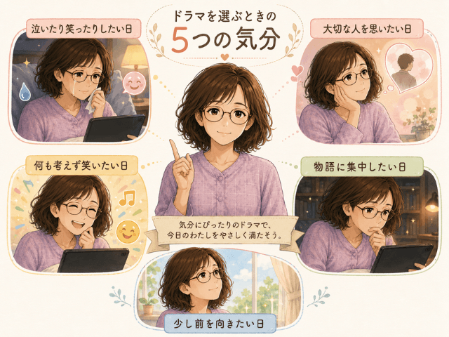 韓国ドラマ5作品をその日の気分に合わせて選ぶための5つの気分を示した図解