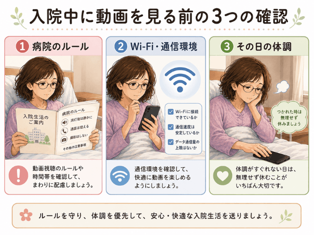 入院中に動画を見る前に確認したい3つのポイントをまとめた図解。病院のルール、Wi-Fi・通信環境、その日の体調について、女性のイラストとともに説明している。