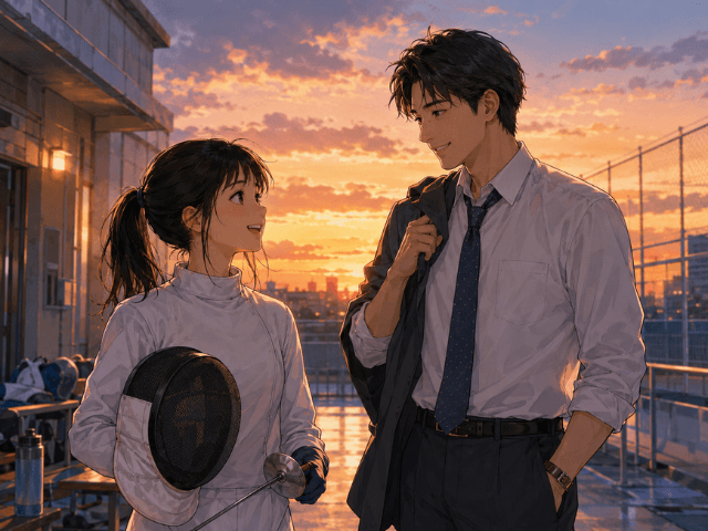 フェンシングに打ち込む女子学生と、仕事帰りのスーツ姿の若い男性が夕暮れの練習場で向き合うイラスト。