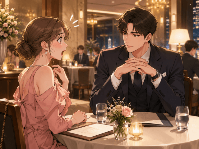 明るいレストランで、驚いた表情の女性とスーツ姿の男性が向かい合って食事をするイラスト。