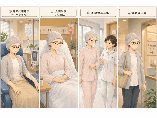 パクリタキセル、FEC療法、乳房温存手術、放射線治療を順番に受ける女性を描いた治療経過のイラスト