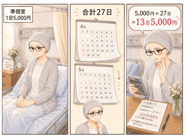 1日5,000円の準個室を27日利用し、差額ベッド代が13万5,000円になったことを示す3コマ漫画