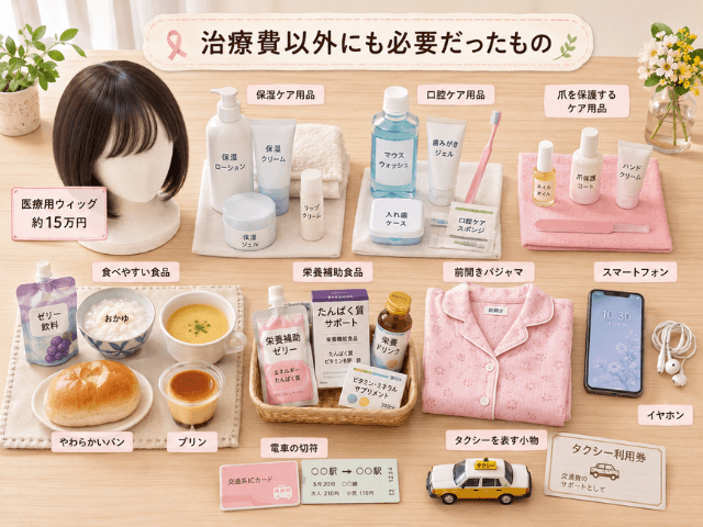 乳がん治療中に必要だった医療用ウィッグ、ケア用品、入院用品、食品、スマートフォン、交通費などを並べたイラスト