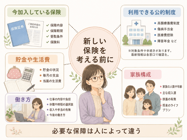 新しい保険を検討する前に、現在の保障、公的制度、貯金、働き方、家族構成を確認することを示す図