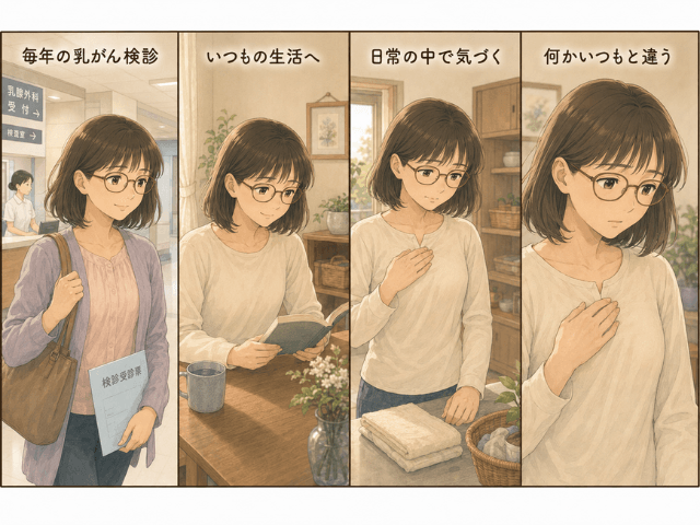 毎年乳がん検診を受けていた女性が、普段の生活の中で胸元の小さな変化に気づくまでを描いた4コマ漫画