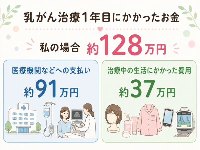 乳がん治療1年目にかかった約128万円を、医療機関などへの支払い約91万円と治療中の生活にかかった費用約37万円に分けて示した図