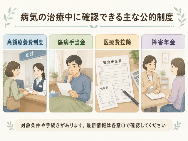 病気の治療中に確認できる4つの公的制度を、会計窓口、休職中の会社員、確定申告書類、相談窓口で説明を受ける人物のイラストとともに示した図