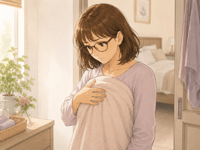 右胸に触れたとき、指先に小豆ほどの硬いしこりを感じて手を止める51歳の女性