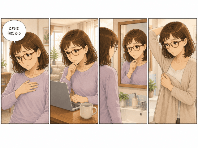 右胸のしこりに気づき、症状を調べ、鏡の前で乳房を確認するまでを描いた4コマ漫画
