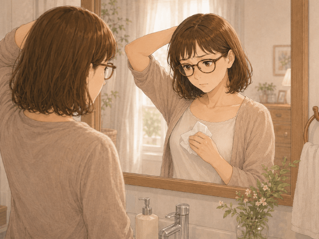 鏡で右胸を確認し、しこりだけでなく皮膚の変化にも気づいた女性