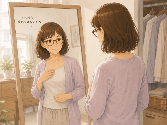 着替えのときに鏡を見ながら、普段の乳房の状態を自然に気にかける女性
