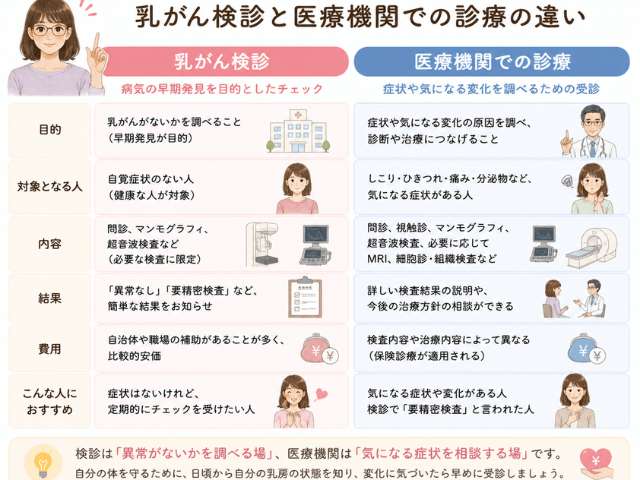 自覚症状のない人が受ける乳がん検診と、症状があるときの医療機関での診療の違いを示した比較図